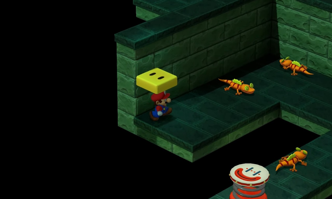There is a shot of Mario in an underground section filled with lizards. There is a yellow platform above is head.