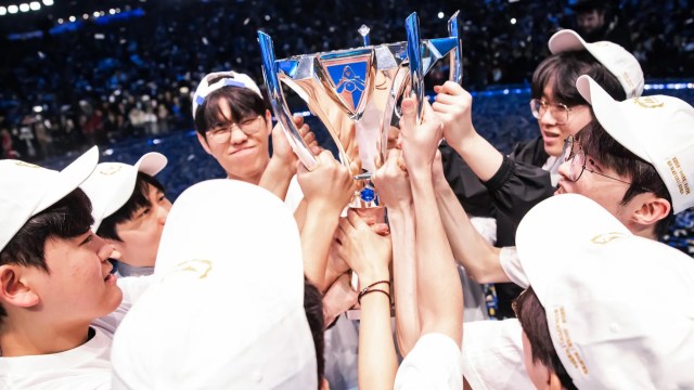 T1 lift the Summoner's Cup after winning the LoL World Championship in 2023