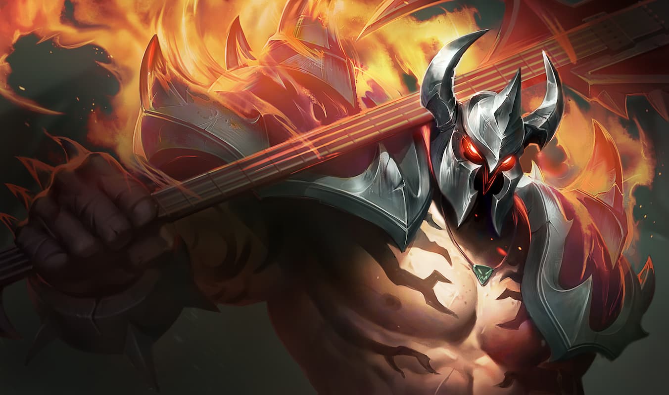 Set 10 Mordekaiser holding guitar behind neck with flames coming out