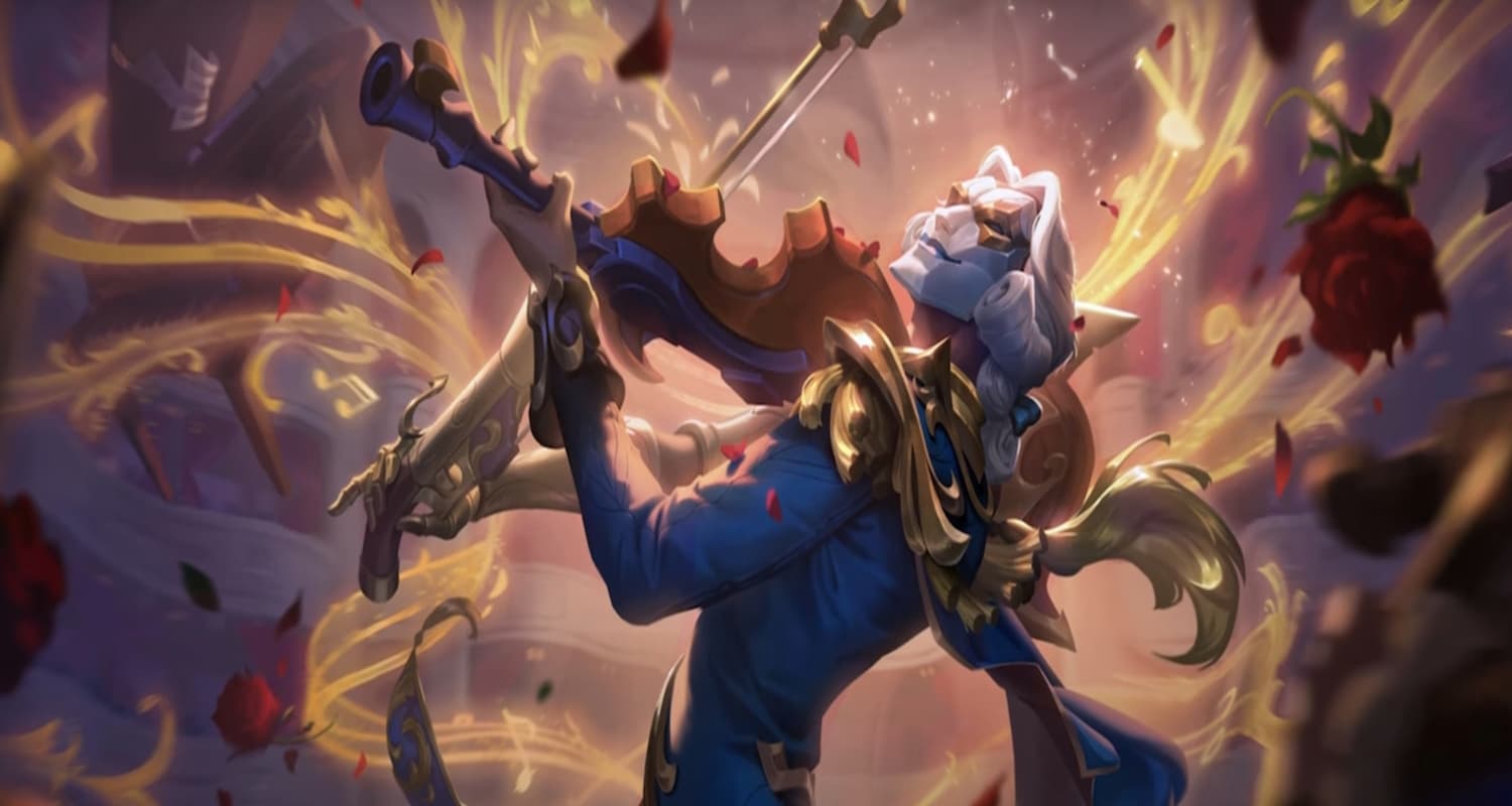 Jhin playing violin with roses and music bars floating in air