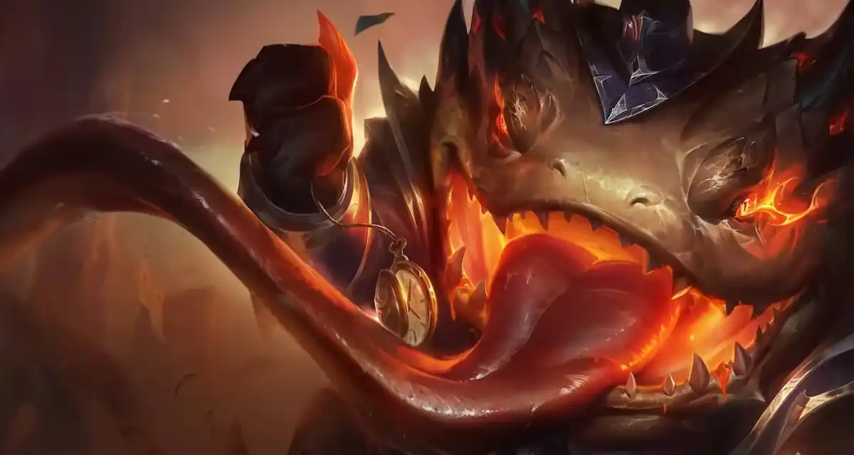 Tahm Kench holding a watch with tongue out