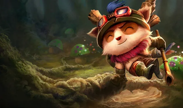 Teemo jumping over tree roots, smiling.