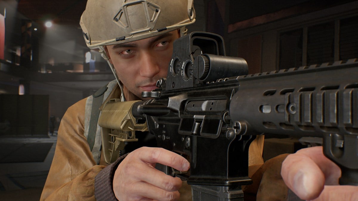 The image shows a male soldier in the game The Day Before. The Soldier is wearing a helmet and is holding a rifle.