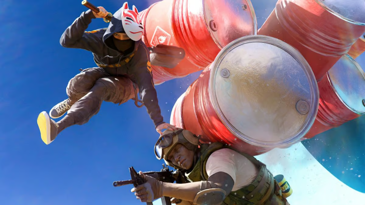 THE FINALS players holding onto explosive barrels in game