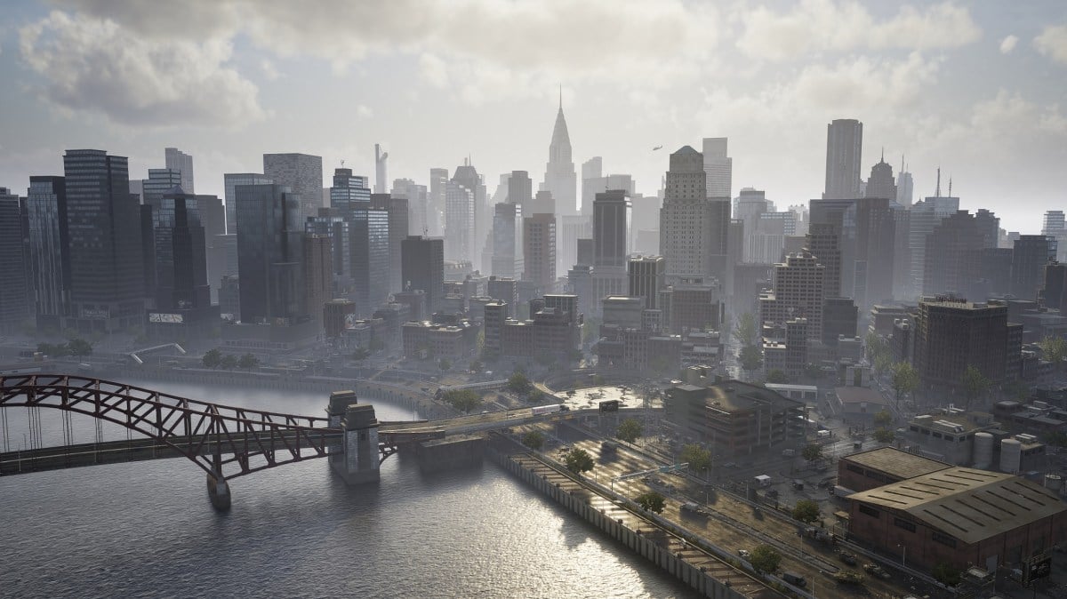 The screenshot shows a city with various buildings and a bridge in the game The Day Before.