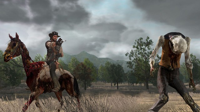 Promo image featuring Arthur Morgan on a fleshy horse shooting a Zombie