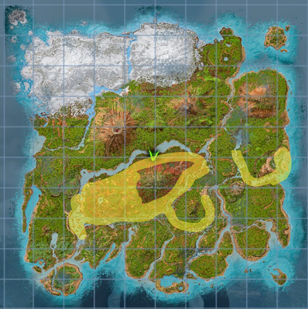 A screenshot of the map in Ark: Survival Ascended with locations of Achatina spawns highlighted.