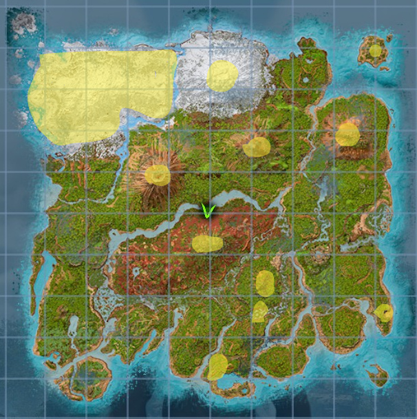 A screenshot of the map in Ark: Survival Ascended showing the locations of Crystal highlighted.