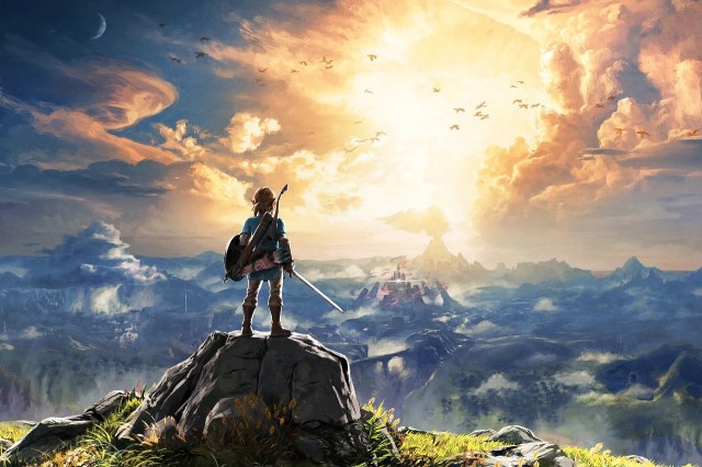 There is a shot of Link standing on a rock and looking off into the distance of Hyrule. There is a sun and clouds in the sky above.