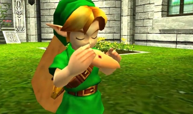There is a shot of a young Link playing on the ocarina. There is a castle yard behind him.