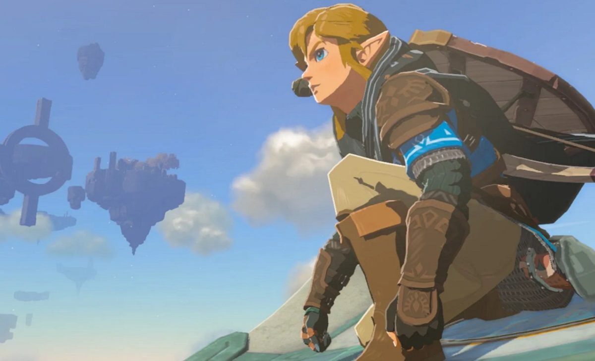 There is a shot of Link getting ready to jump off an edge. There are floating rocks i nthe sky behind him.
