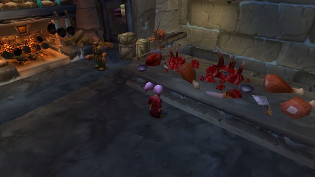 A Gnome Warlock is standing in front of a kitchen somewhere in Dun Morogh