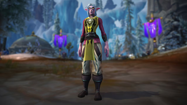 Night Elf standing in the Azure Span on the Dragon Isles and wearing Tabard of Fury Transmog appearance