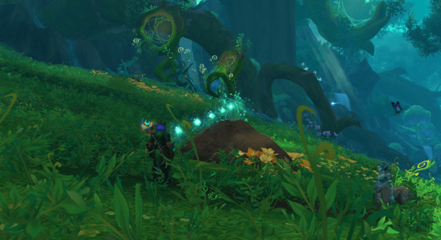 Image of a Night Elf in WoW Dragonflight finishing a Dreambloom event.