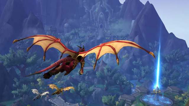 Dracthyr flying over the Forbidden Reach