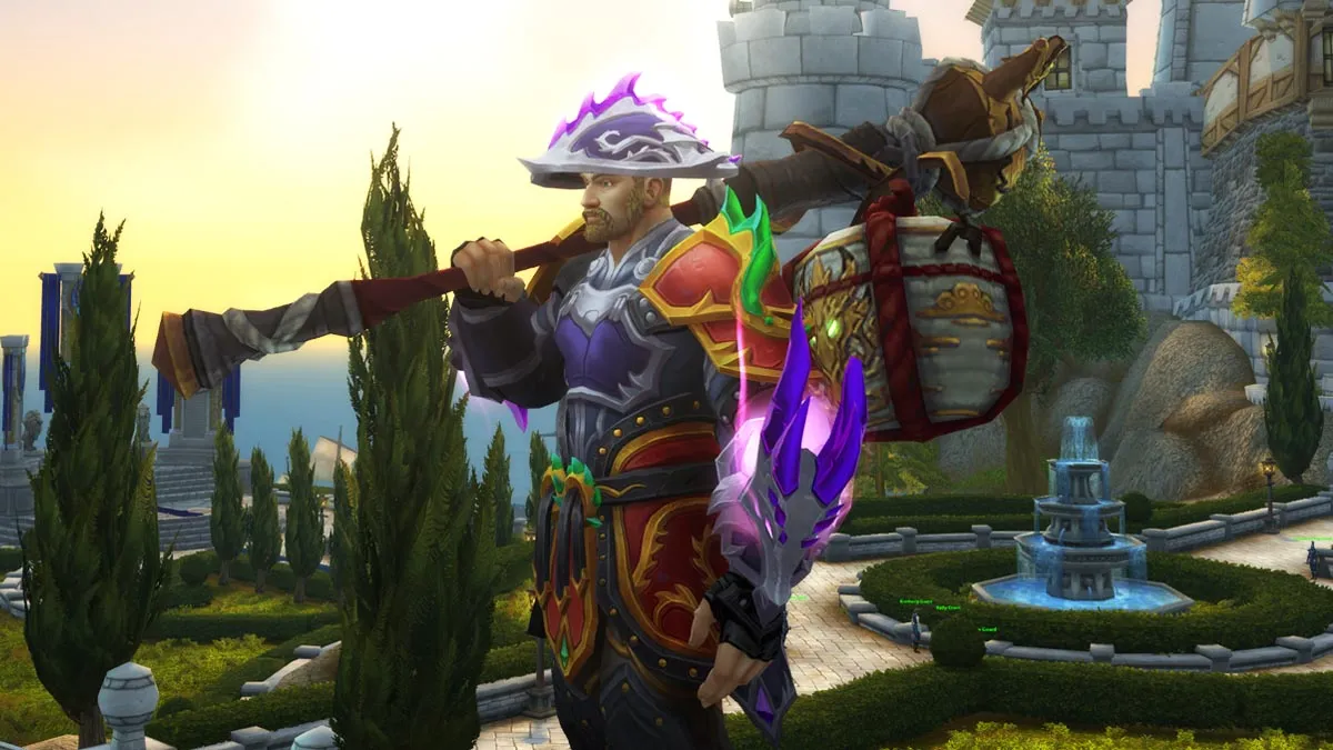 A Monk in World of Warcraft holding the Possessed Watcher Staff by Stormwind Harbor