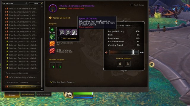 A Crafting Menu showing the materials needed to craft an item including Spark of Dreams