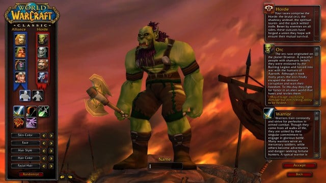An orc warrior standing on the character creation screen
