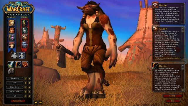 A Tauren Hunter standing on the character creator screen