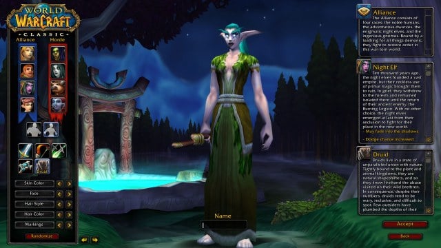 A Night Elf Druid standing on the character creation screen
