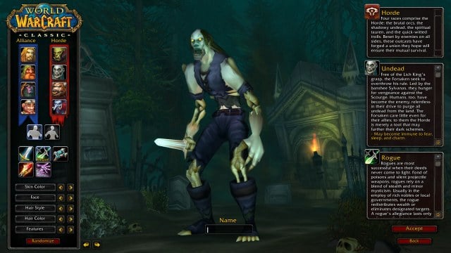 An Undead Rogue standing on the character creator screen