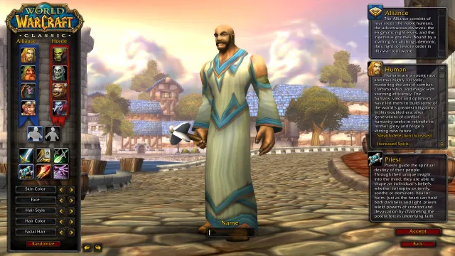 A Human Priest standing on the character creation screen