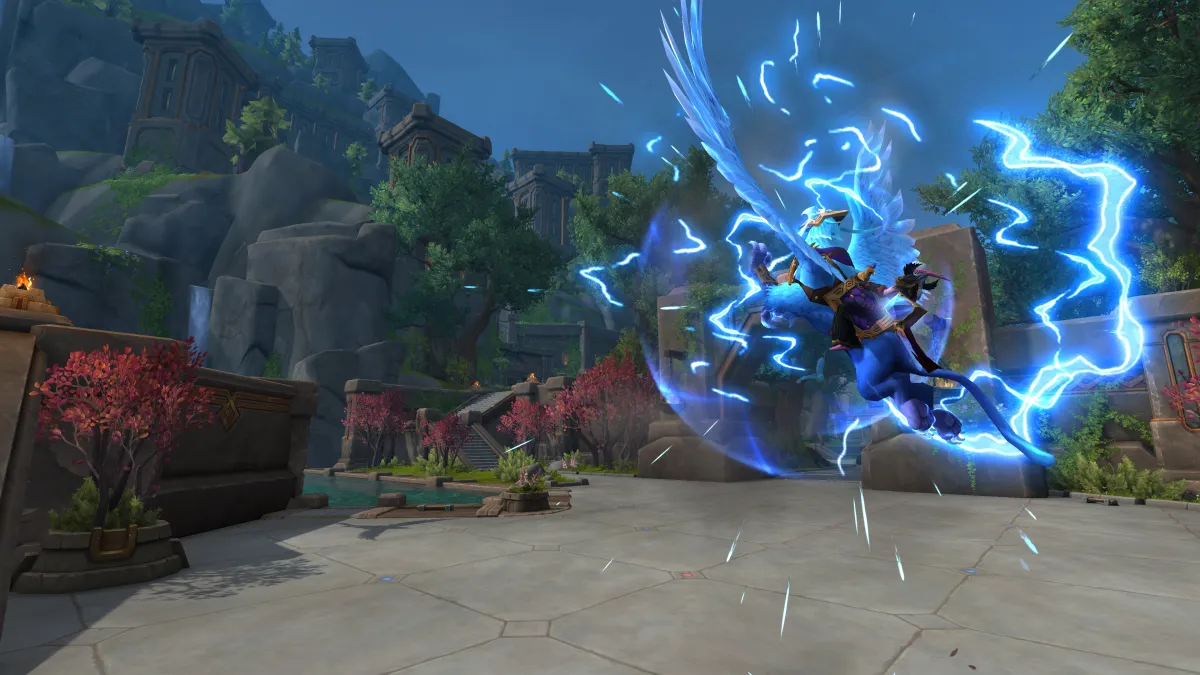 Algarian Stormrider mount in action, surrounded by a burst of electricity in a featured image for WoW The War Within