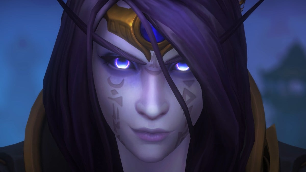WoW character Xal'atath in her humanoid form, staring directly into the camera with glowing purple eyes