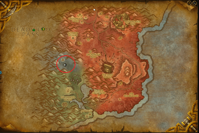 Map of Blasted Lands showing the exact location of Lord Kazzak