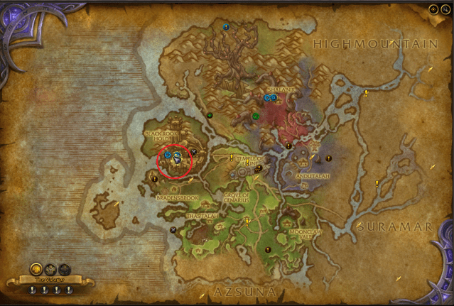 Map of Val’sharah showing the exact location of Black Rook Hold dungeon entrance.