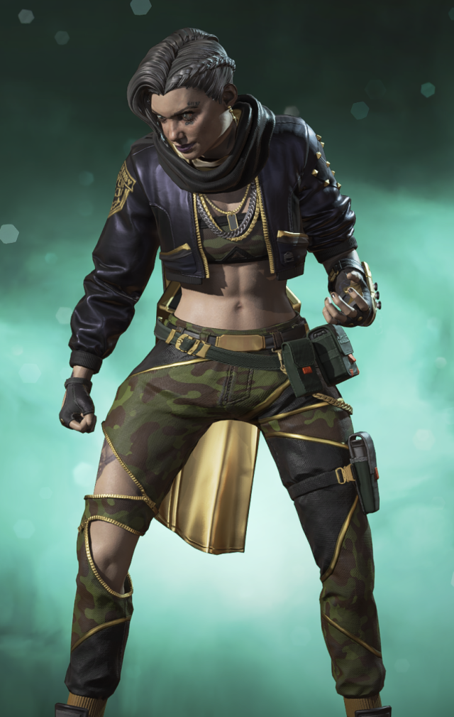 Wraith wears a black leather cropped jacket lined in gold with green camo print cargo pants. She has a black scarf and braids in her hair.