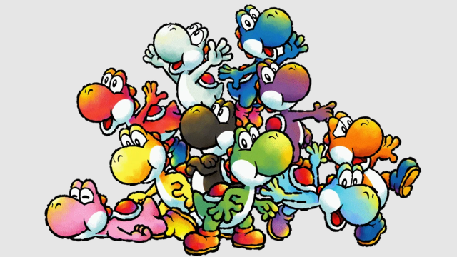 A promotional image for Yoshi's Island DS featuring lots of different colored Yoshi piling on one another.