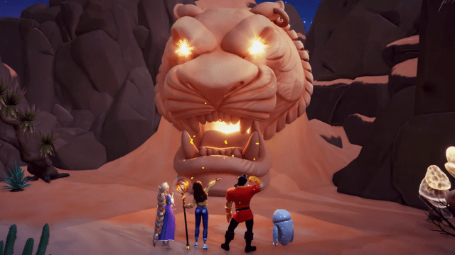 The player, Rapunzel, Gaston, and Eve standing in front of the Cave of Wonders from Aladdin.