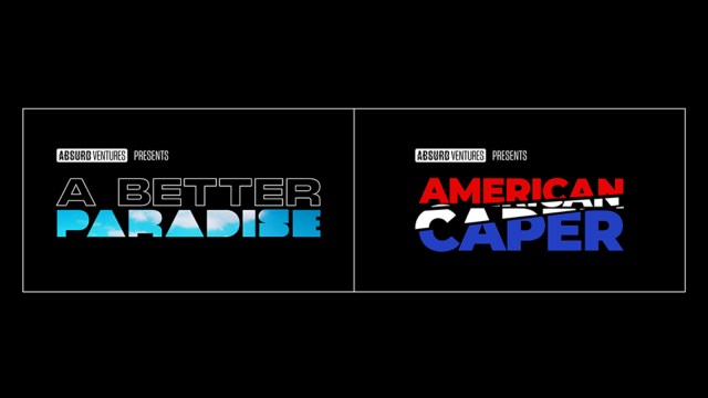 Promotional title images for Absurd Ventures' projects A Better Paradise and American Caper.