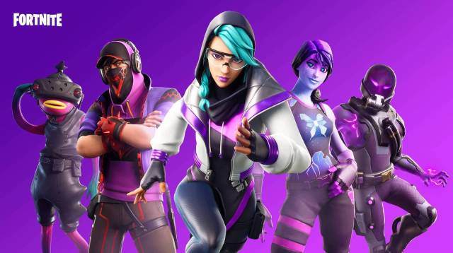 Fortnite characters standing with a purple background