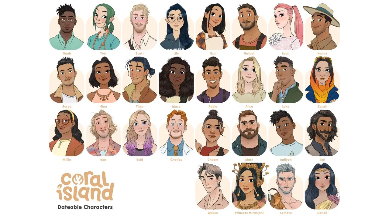 Headshots of all 28 romanceable characters in coral island
