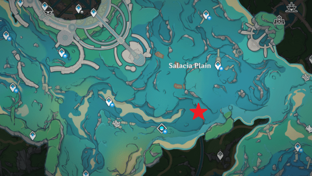 The All-Devouring Narwhal location marked on Fontaine's map near the Salacia Plains area.