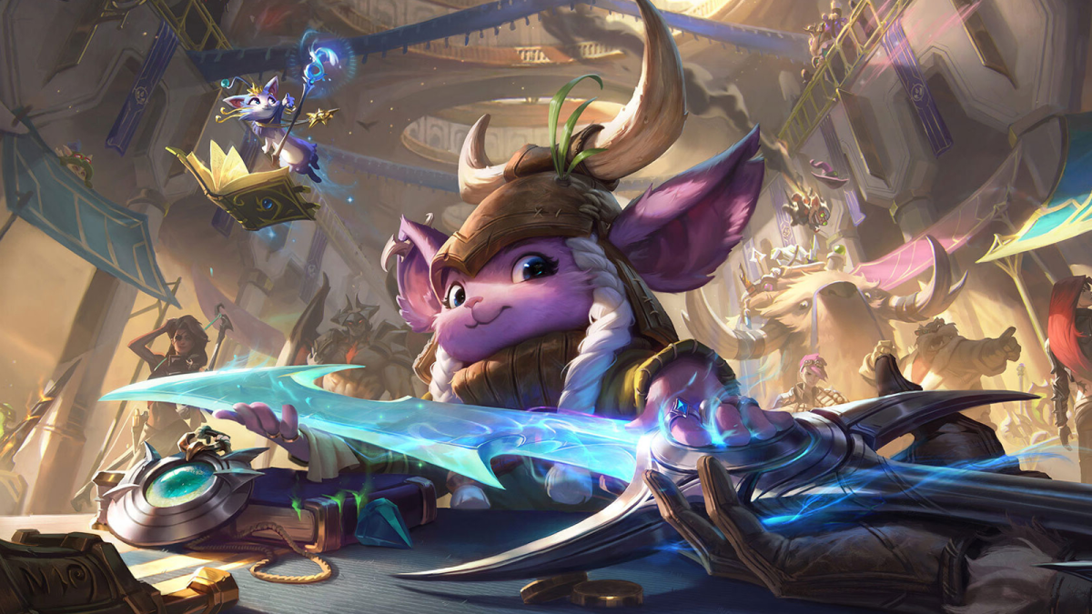 A little shopkeeper Yordle working on a magical sword in front of a large number of League of Legends champions