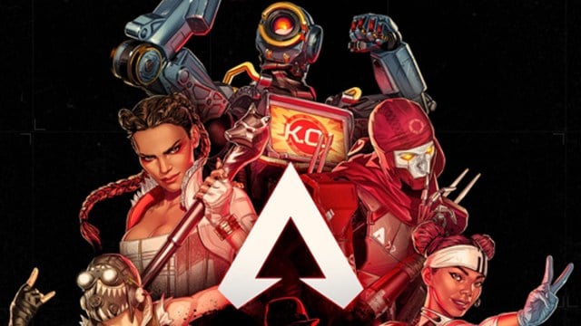 An artwork for Apex Legends with various legends flexing around the game's logo.