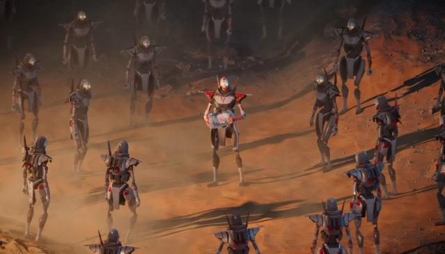 Revenant stands on a desert plateau in the middle of a large crowd of Revenant clones. He is holding his own human head in his hands, encased in a jar.