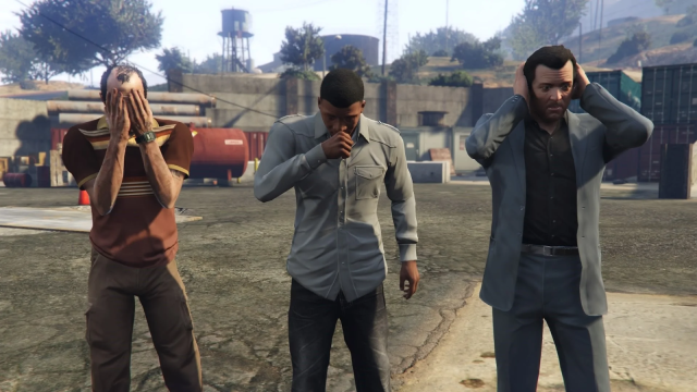 Michael, trevor, and Franklin from GTA V pulling faces.