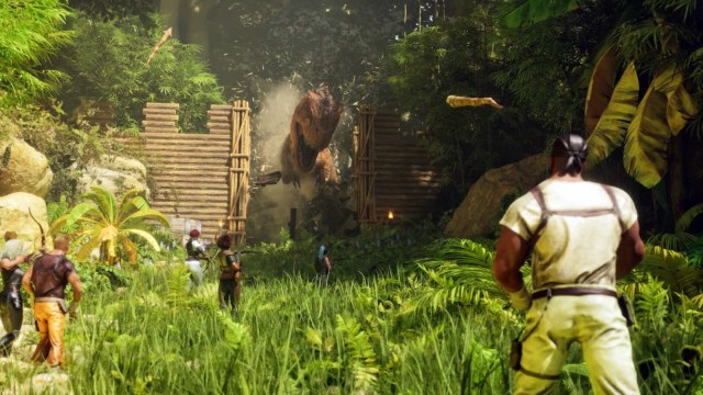 A group of Ark: Survival Ascended players taking on a dinosaur.