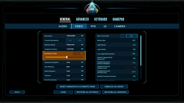 Screenshot of the in-game settings for Ark: Survival Ascended