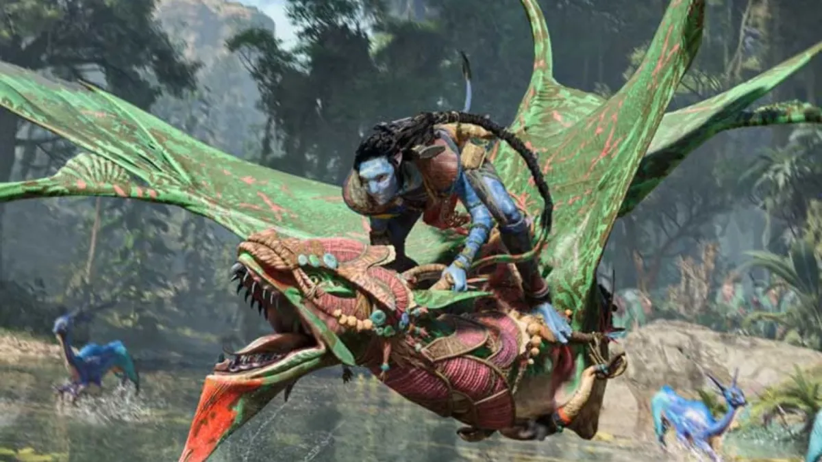 na'vi riding flying creature in avatar frontiers of pandora