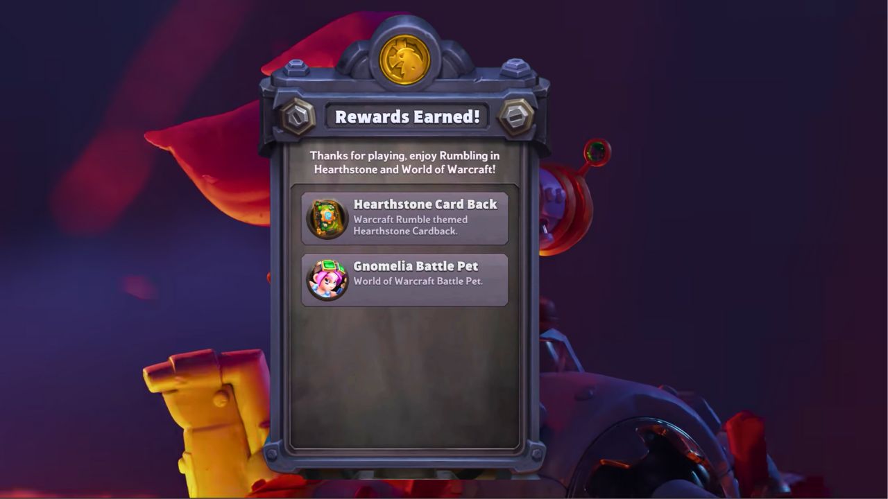 Warcraft Rumble Gnomelia battle pet and hearthstone rewards