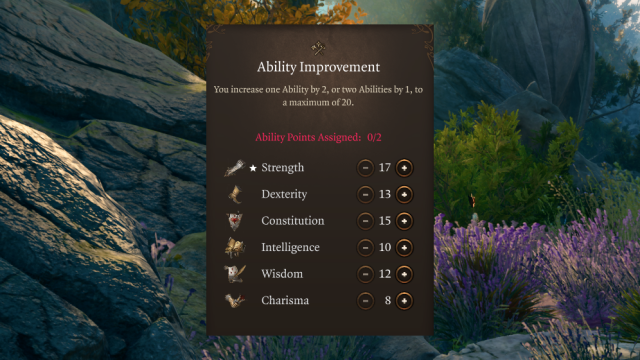 The features for Ability Improvement, including the base stats of Lae'zel, sit on a serene natural background in BG3.