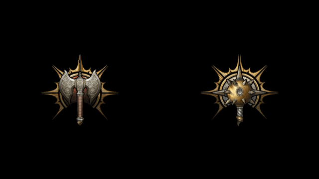 The BG3 symbol for a Barbarian, a greataxe, and a Cleric, a morningstar, sit on a black background.