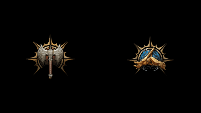 The BG3 symbol for a Barbarian, a greataxe, and a Monk, a fist in a palm, sit on a black background.