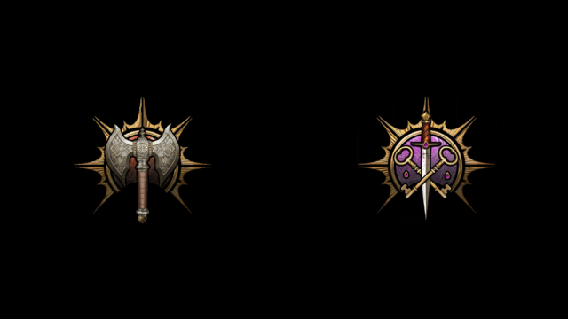 The BG3 symbol for a Barbarian, a greataxe, and a Rogue, a dagger, sit on a black background.