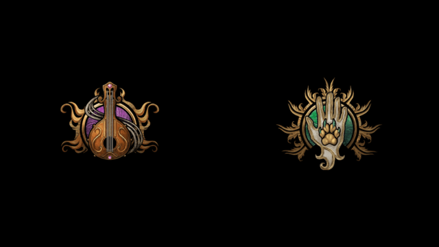 The BG3 class symbols for Bard, a lute, and Ranger, a paw in a palm, on a black background.